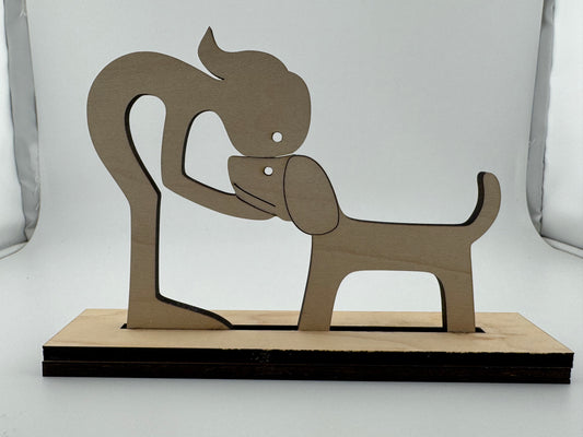 Figurine -- Laser -- Wood -- Girl Bending With Dog