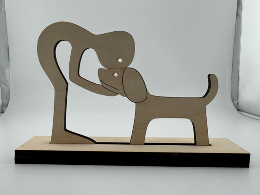 Figurine -- Laser -- Wood -- Boy Bending With Dog