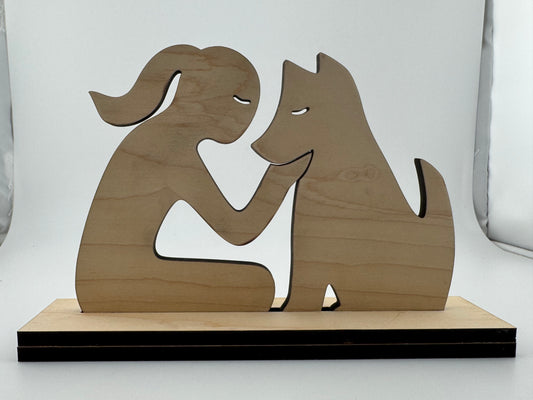 Figurine -- Laser -- Wood -- Girl Kneeling With Dog