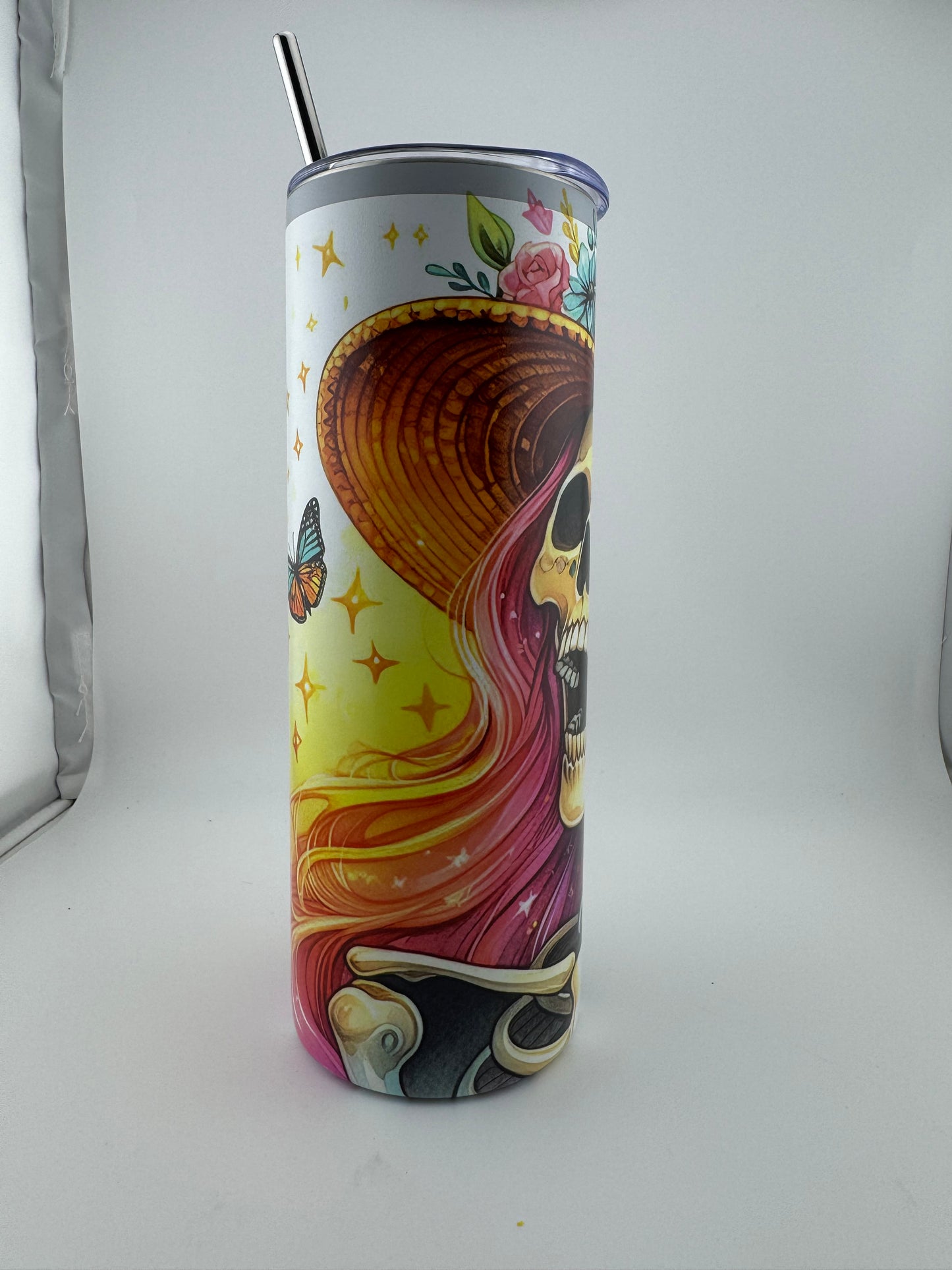 Tumbler -- 20 oz -- UV Printed -- Skeleton With Flower Hat