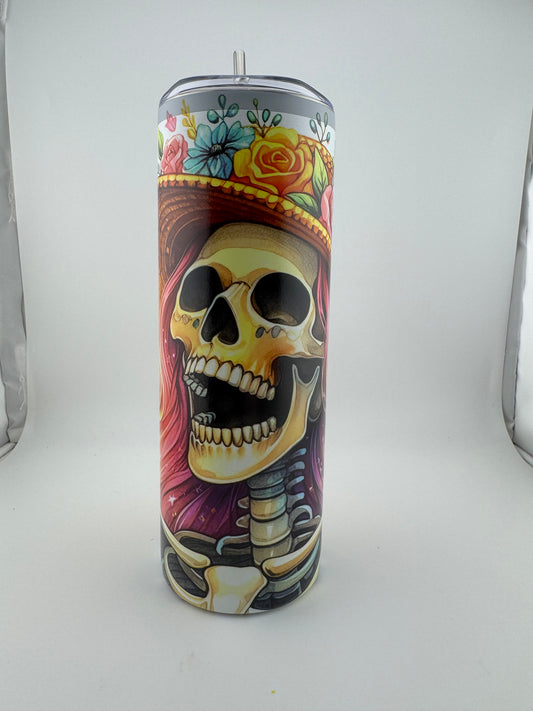 Tumbler -- 20 oz -- UV Printed -- Skeleton With Flower Hat