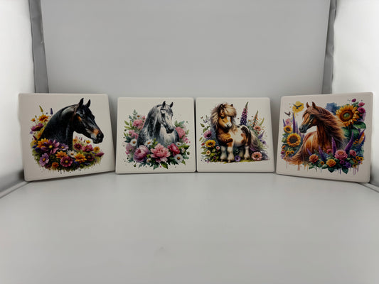 Coaster -- UV Printed -- Square -- Horses and Flowers (Set of 4)