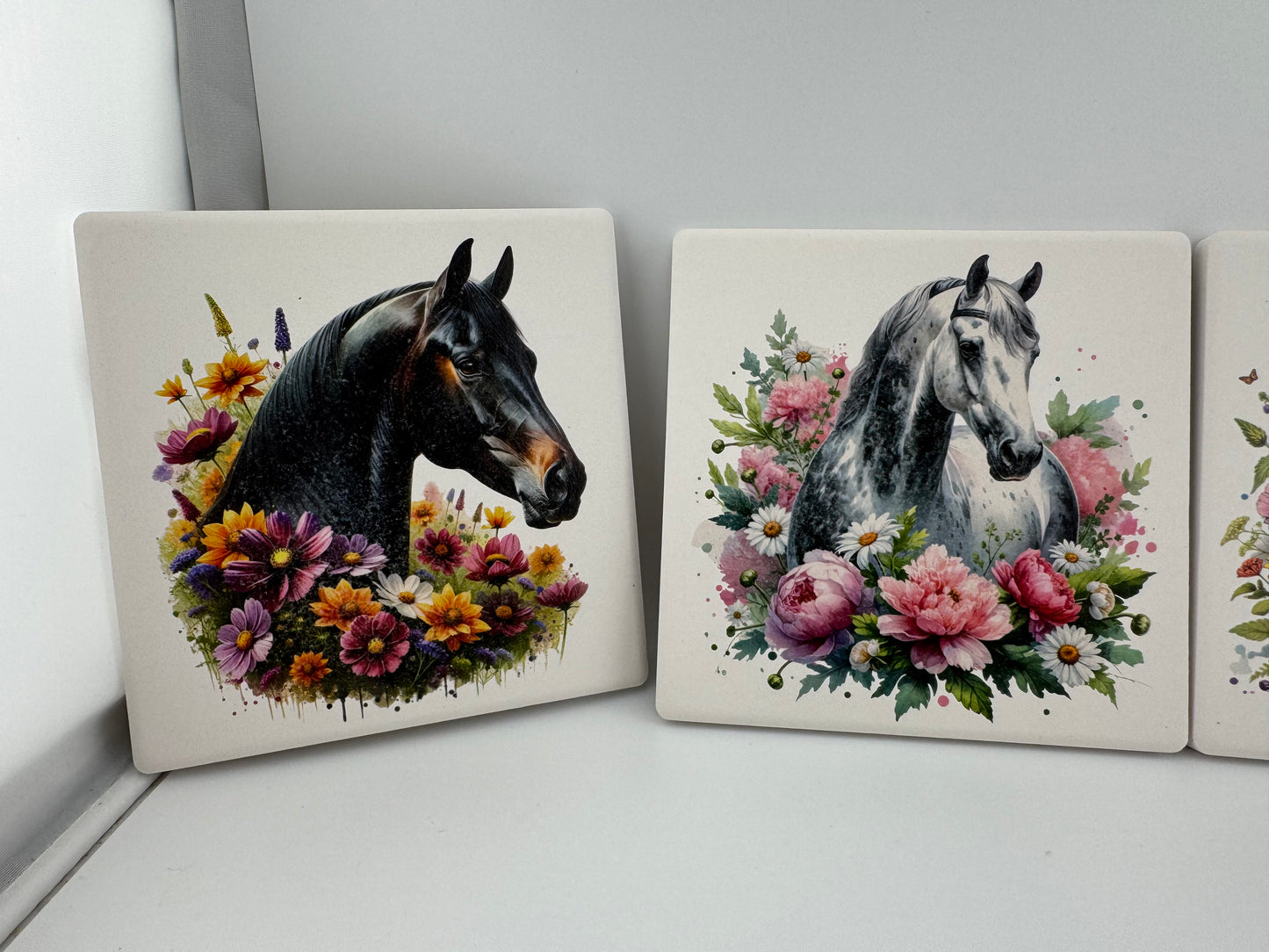 Coaster -- UV Printed -- Square -- Horses and Flowers (Set of 4)