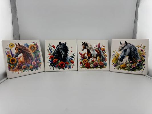 Coaster -- UV Printed -- Square -- Horses and Flowers 2 (Set of 4)